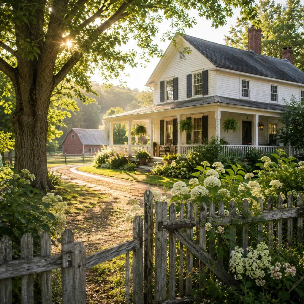 Old-fashioned white farmhouse with a wraparound porch, flower garden, weathered picket fence, and red barn in the countryside.