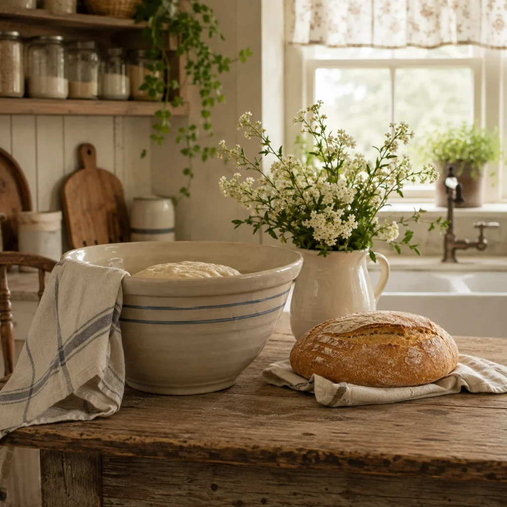 Rustic farmhouse kitchen with homemade bread, a stoneware mixing bowl, and fresh flowers on an old wooden table.