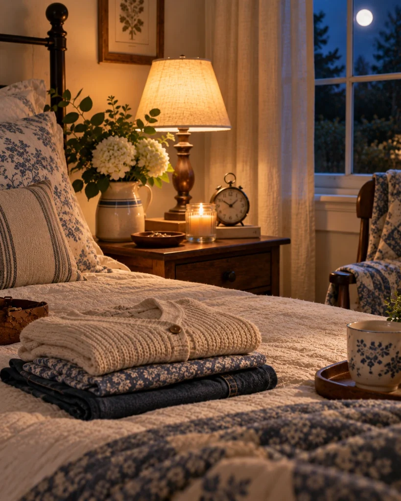 Peaceful farmhouse bedroom at night with clothes laid out on the bed, a glowing bedside lamp, and a moonlit window.