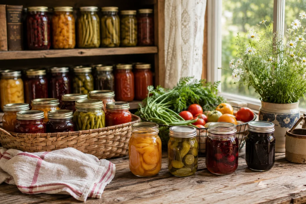 Mason jars filled with home-canned fruits, vegetables, pickles, and preserves in a rustic farmhouse kitchen.