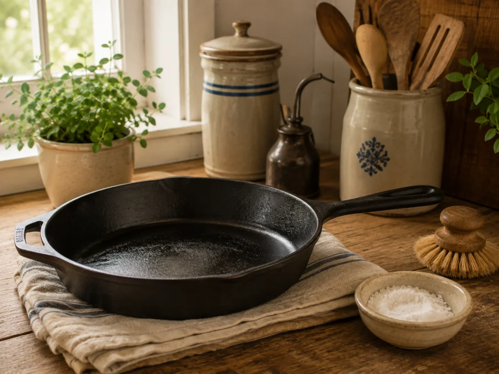 Cast-iron skillet with a cleaning brush and kitchen utensils on a wooden counter in a rustic farmhouse kitchen.
