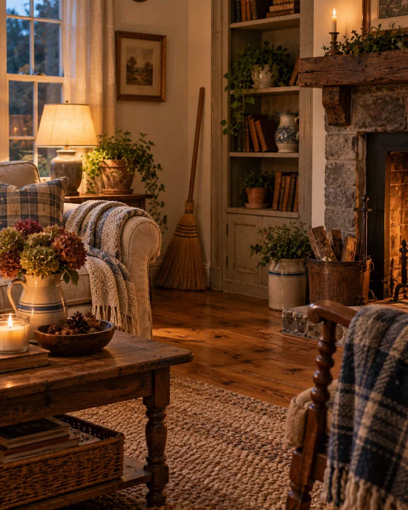 Cozy farmhouse living room with warm wooden floors, a stone fireplace, vintage furnishings, and a straw broom in the corner.