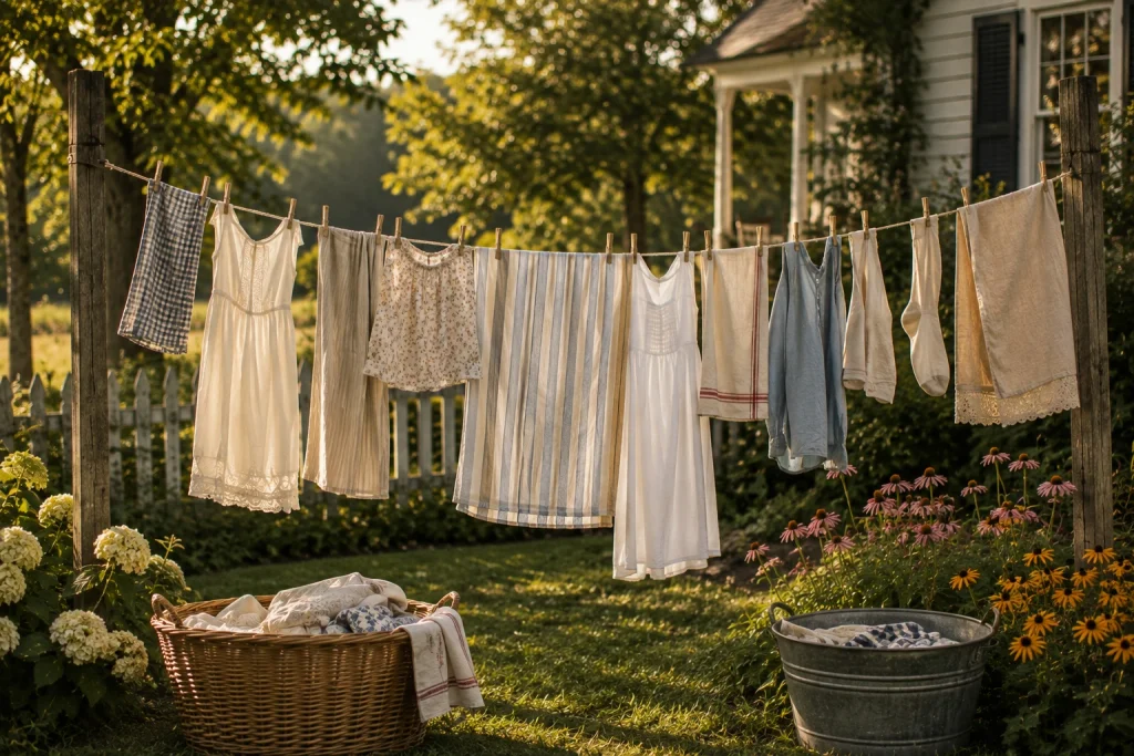 Old-fashioned clothesline with dresses, shirts, towels, and linens drying in the sunshine beside a farmhouse garden.