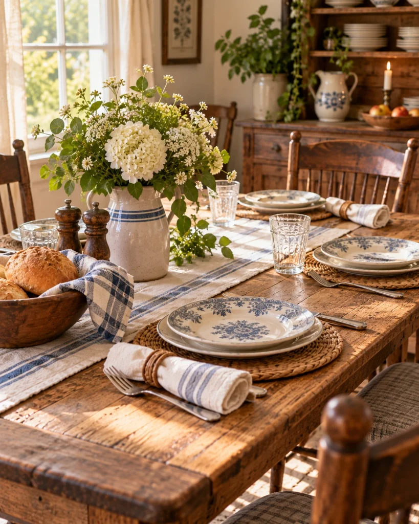 Farmhouse dining table set with blue-and-white dishes, linen napkins, fresh flowers, and bread in a warm country dining room.