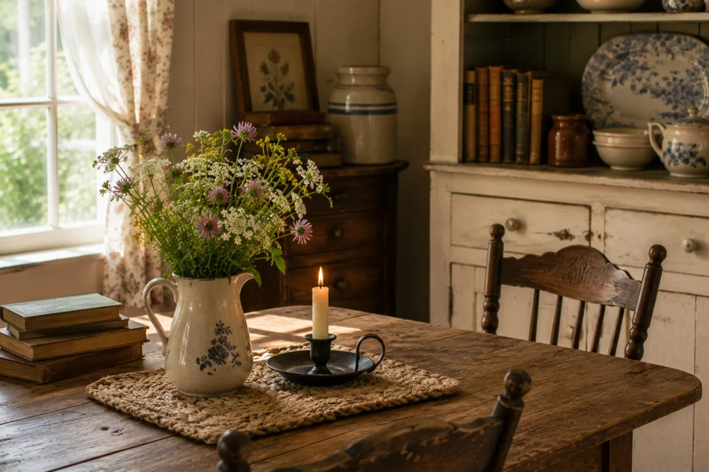 Rustic farmhouse dining table with fresh wildflowers, a glowing candle, antique books, and vintage dishes in a cozy old-fashioned home.