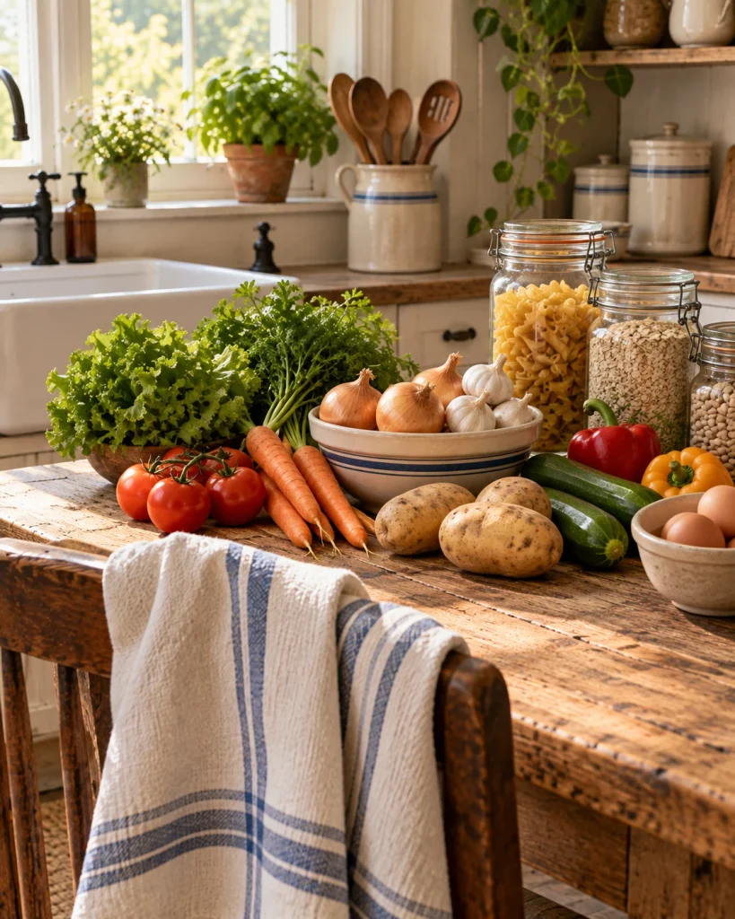 Fresh vegetables, eggs, and pantry staples arranged on a farmhouse kitchen table with a striped linen towel.