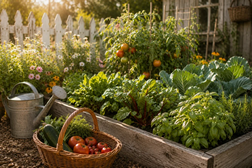 Raised vegetable garden filled with tomatoes, leafy greens, and fresh herbs beside a basket of homegrown produce and a watering can.