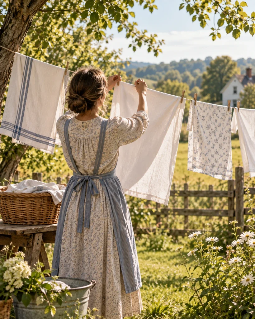 Woman wearing an apron hanging fresh laundry on a clothesline in a sunny farmhouse garden.