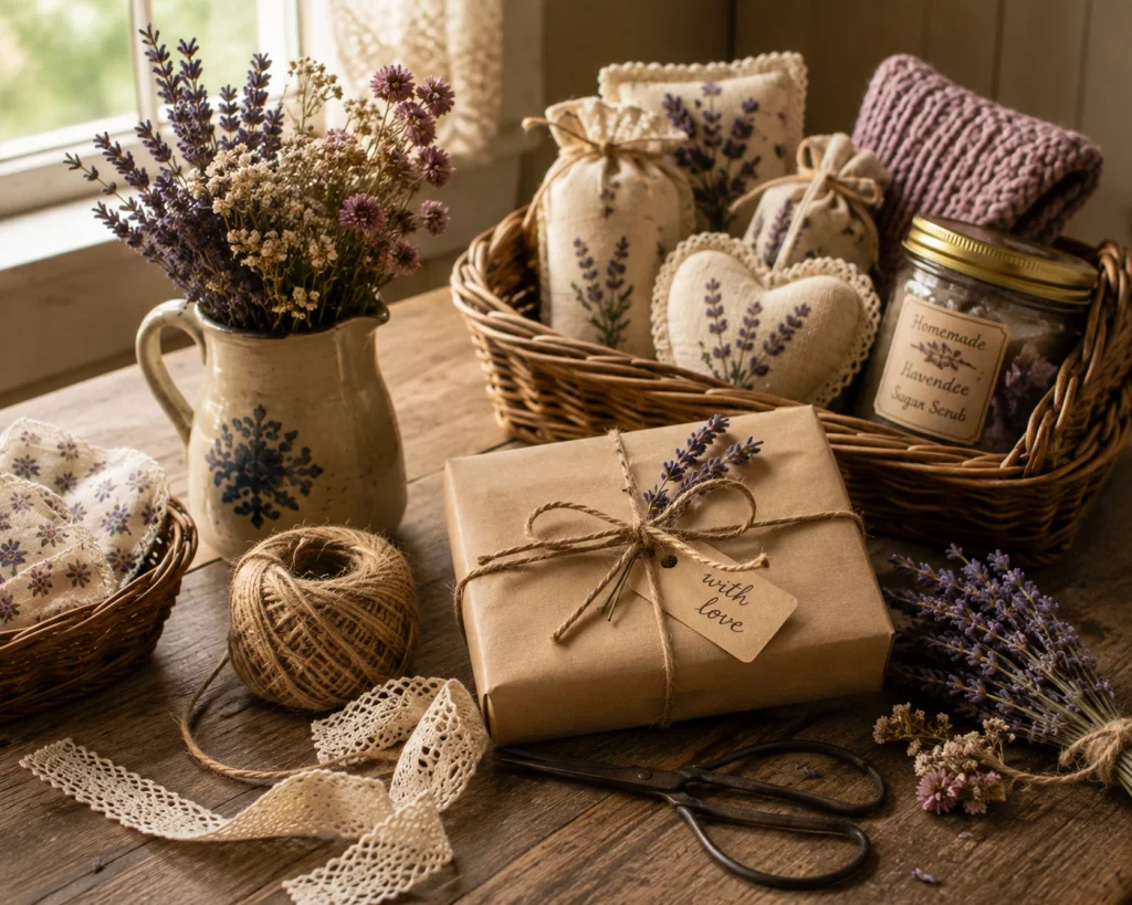 Handmade gifts with lavender sachets, a knitted scarf, and a wrapped package arranged on a rustic wooden table.