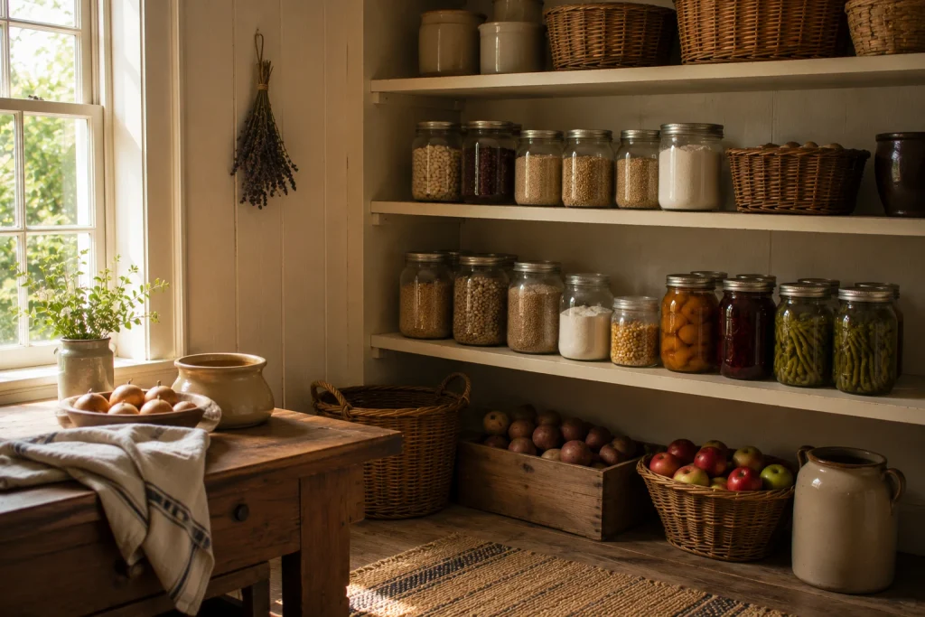 Rustic farmhouse pantry with glass jars of grains and preserved foods, baskets of apples and potatoes, and simple wooden shelves.