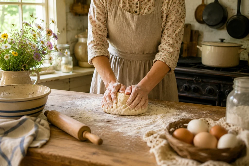 Woman kneading homemade bread dough on a wooden table in a warm, old-fashioned farmhouse kitchen.