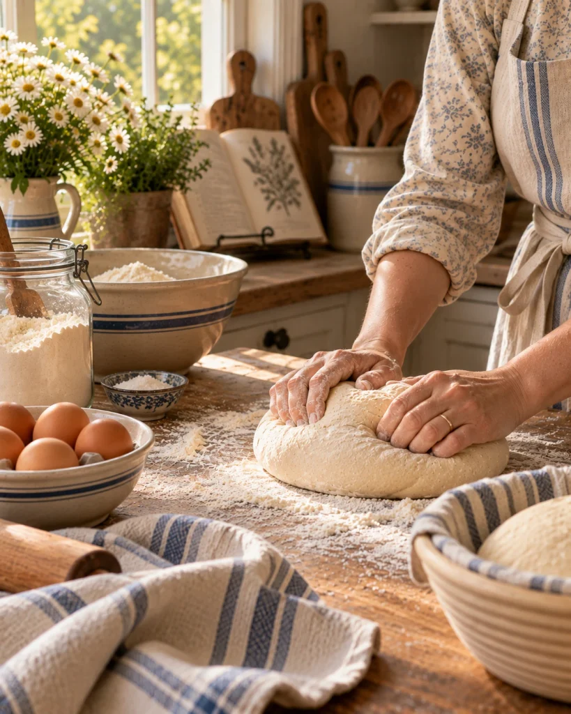 Woman’s hands kneading bread dough on a floured wooden counter in a warm farmhouse kitchen.
