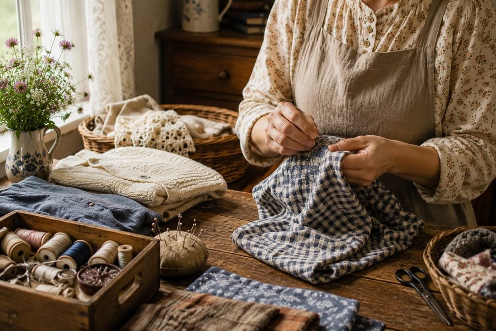 Woman hand-mending gingham fabric at a wooden table with sewing supplies in a cozy, old-fashioned home.