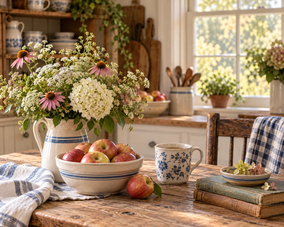 Rustic farmhouse kitchen with fresh flowers, a bowl of apples, vintage dishes, and a coffee mug on a wooden table.