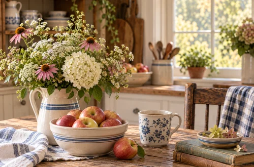 Rustic farmhouse kitchen with fresh flowers, a bowl of apples, vintage dishes, and a coffee mug on a wooden table.