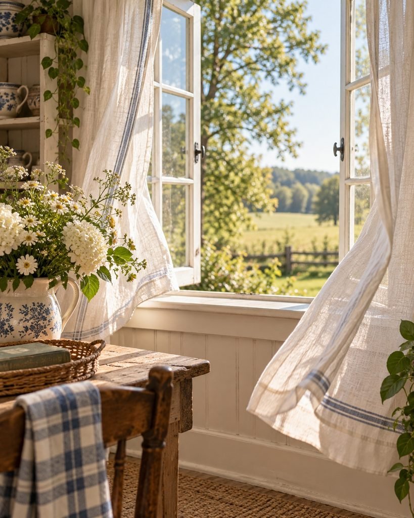 Open farmhouse window with white curtains blowing in the breeze and a peaceful countryside view.